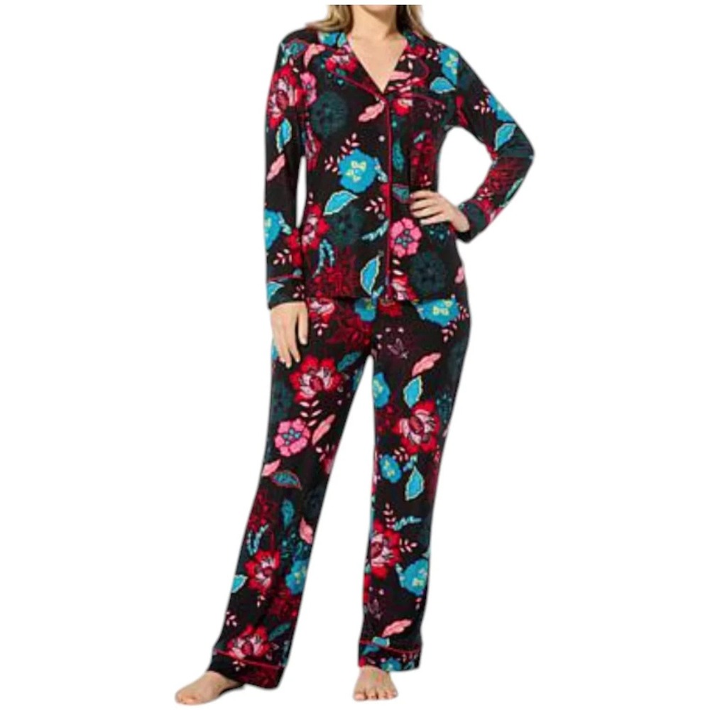 IMAN Vibrant Floral Pajama Set - Black, Red, Teal